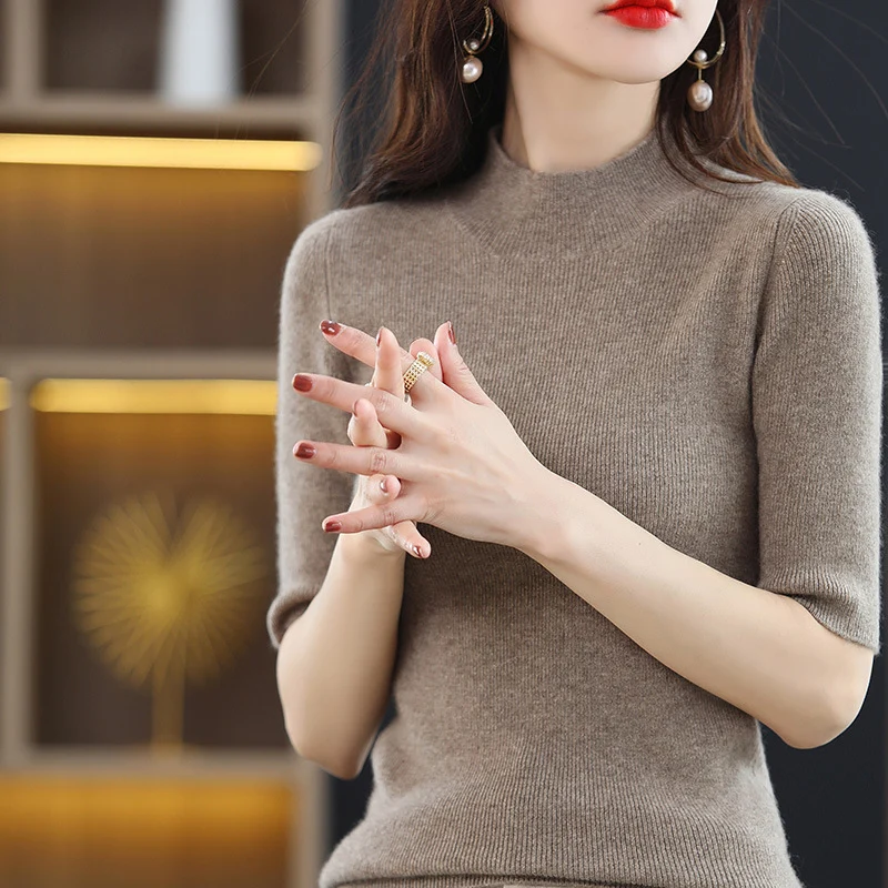 Damen Kurzarm-Feinstrickpullover mit Stehkragen und taillierter Passform Nord Taschen
