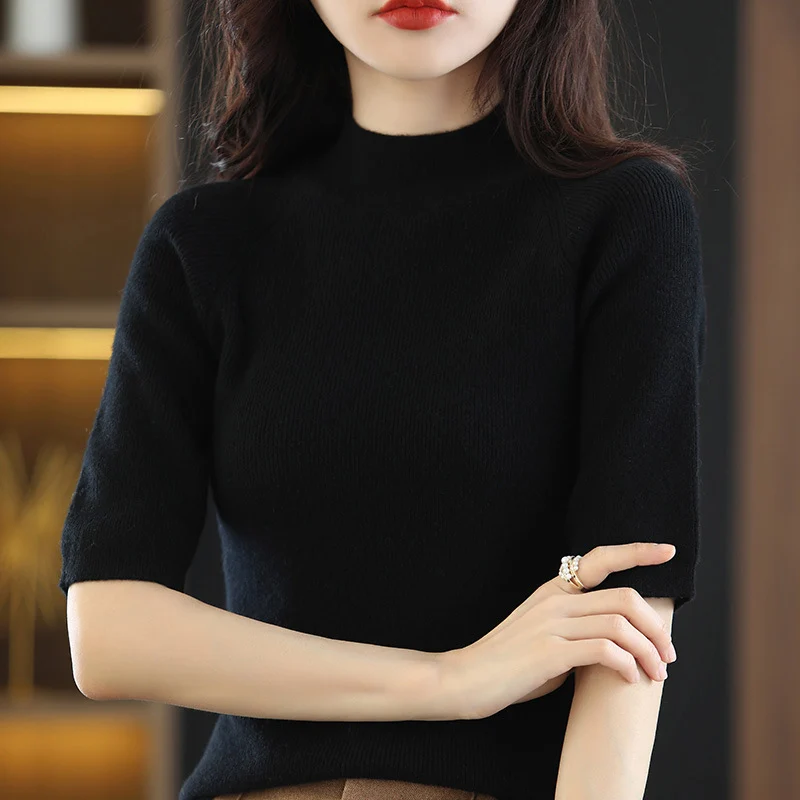 Damen Kurzarm-Feinstrickpullover mit Stehkragen und taillierter Passform Nord Taschen