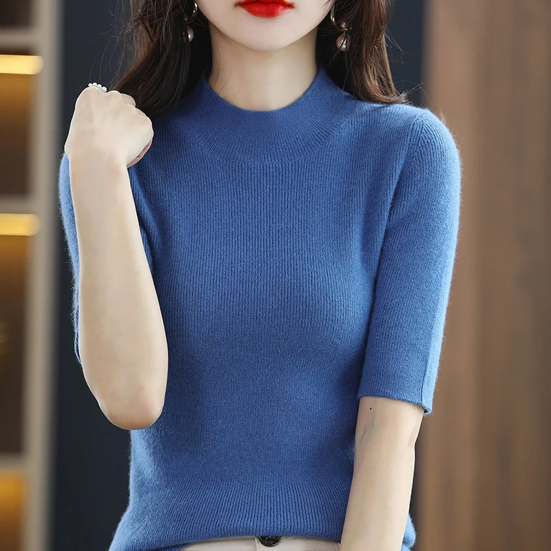 Damen Kurzarm-Feinstrickpullover mit Stehkragen und taillierter Passform Nord Taschen