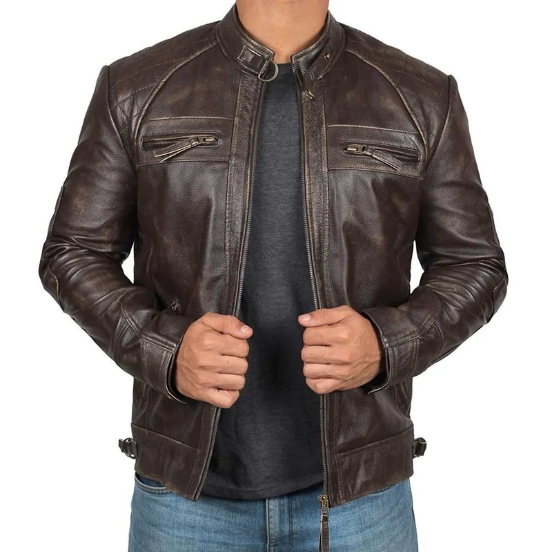Herren Lederjacke Bikerstil aus echtem Leder mit Stehkragen und Zipper-Taschen Nord Taschen
