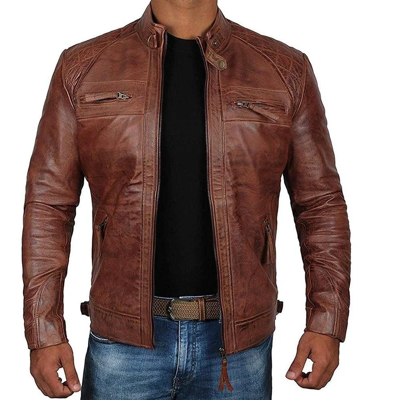 Herren Lederjacke Bikerstil aus echtem Leder mit Stehkragen und Zipper-Taschen Nord Taschen