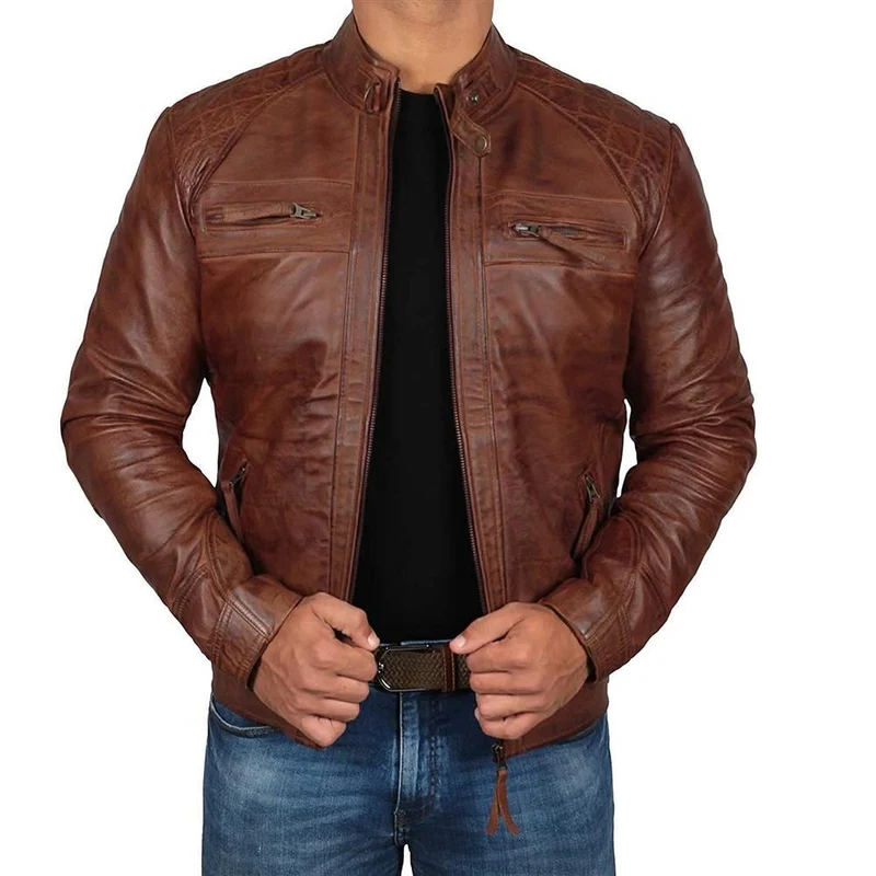 Herren Lederjacke Bikerstil aus echtem Leder mit Stehkragen und Zipper-Taschen Nord Taschen