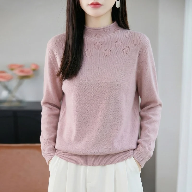 Damen Leichter Stehkragenpullover mit floralem Ajour‑Yoke und feiner Rippkante Nord Taschen