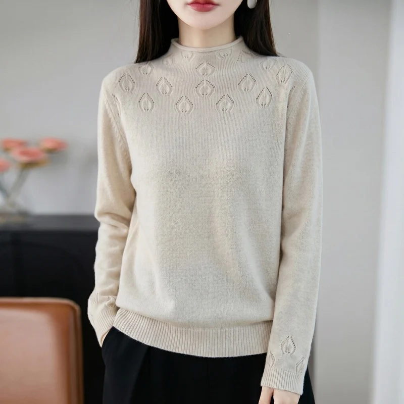 Damen Leichter Stehkragenpullover mit floralem Ajour‑Yoke und feiner Rippkante Nord Taschen