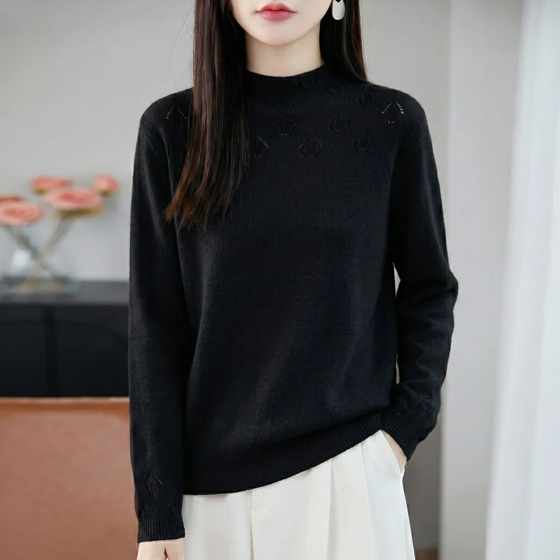 Damen Leichter Stehkragenpullover mit floralem Ajour‑Yoke und feiner Rippkante Nord Taschen