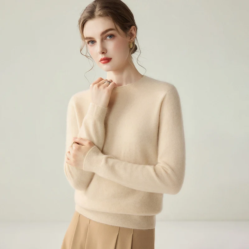 Damen Leichter Rundhalspullover aus Kaschmir‑Look mit extrafeinem Flor und geripptem Saum Nord Taschen