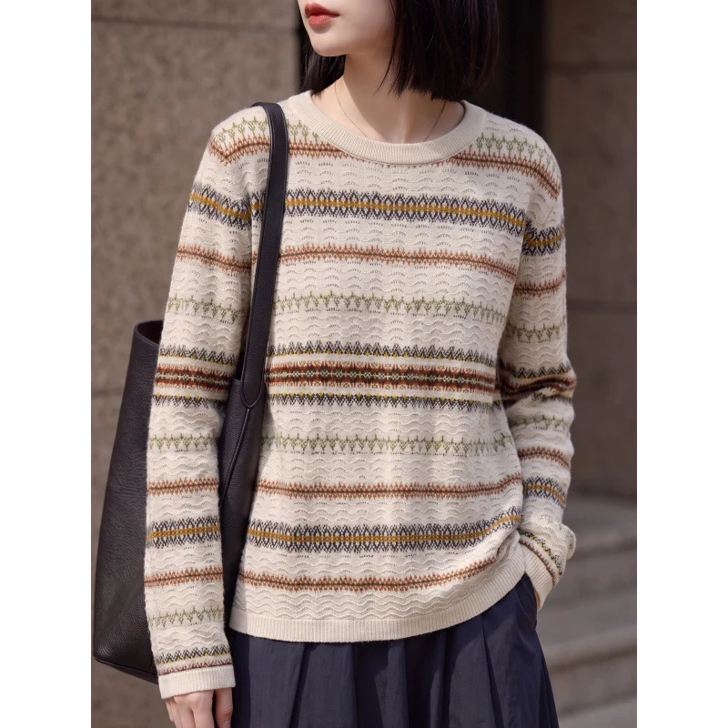 Damen Leichter Rundhals-Pullover im Norwegerstreifen-Design mit strukturierter Ajouroptik Nord Taschen