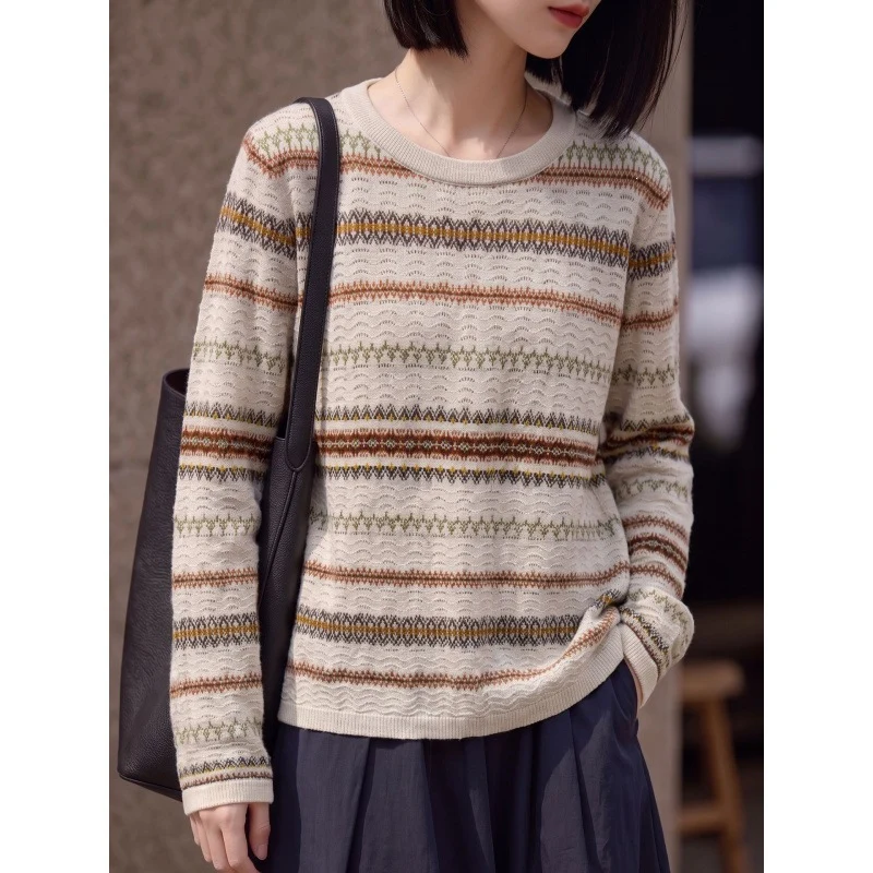 Damen Leichter Rundhals-Pullover im Norwegerstreifen-Design mit strukturierter Ajouroptik Nord Taschen