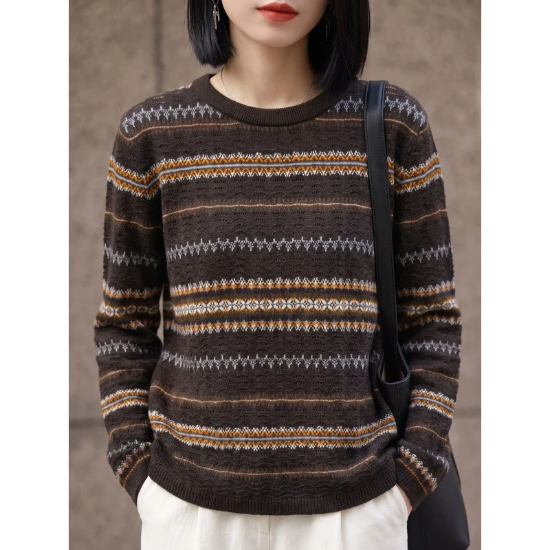 Damen Leichter Rundhals-Pullover im Norwegerstreifen-Design mit strukturierter Ajouroptik Nord Taschen