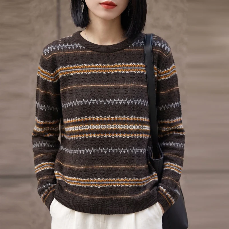 Damen Leichter Rundhals-Pullover im Norwegerstreifen-Design mit strukturierter Ajouroptik Nord Taschen