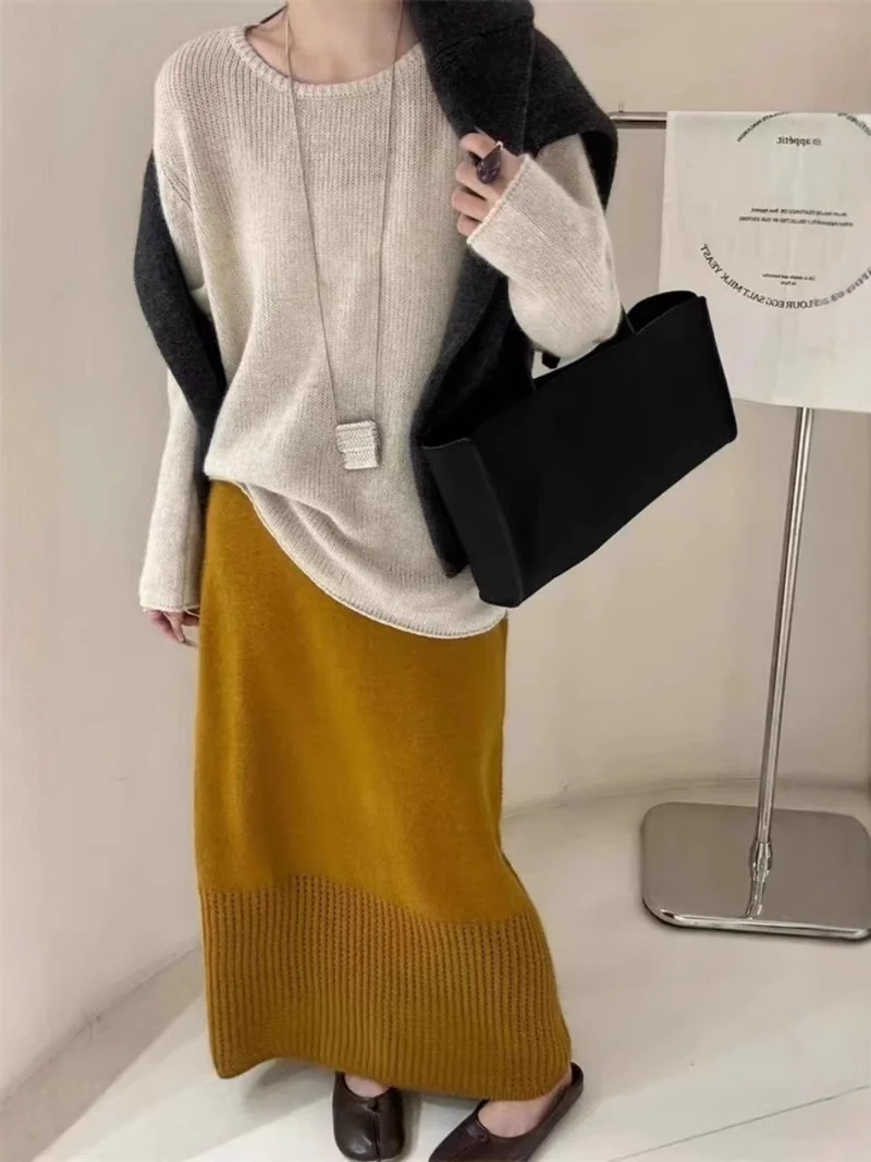 Damen Leichter Oversize-Feinstrickpullover mit Rundhals, dezentem Sheer-Effekt und gerundetem Saum Nord Taschen