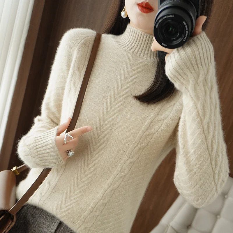 Damen Leichter Mohair‑Look Stehkragenpullover mit Zopf‑Ajour und taillierter Silhouette Nord Taschen