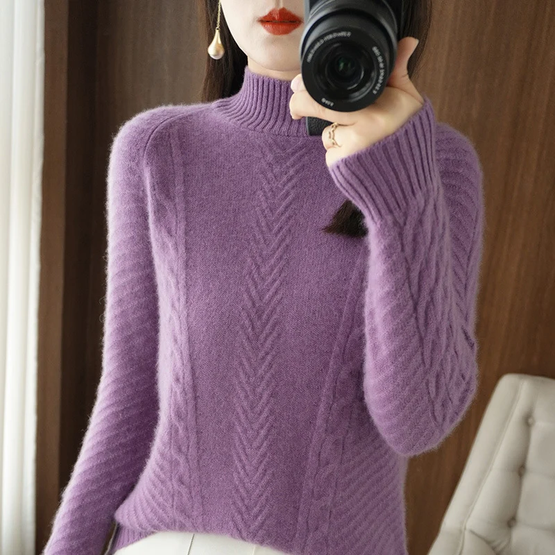 Damen Leichter Mohair‑Look Stehkragenpullover mit Zopf‑Ajour und taillierter Silhouette Nord Taschen