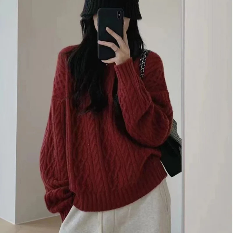 Damen Oversize Zopfmuster‑Pullover mit Rundhalsausschnitt und lässiger Schulterpartie Nord Taschen
