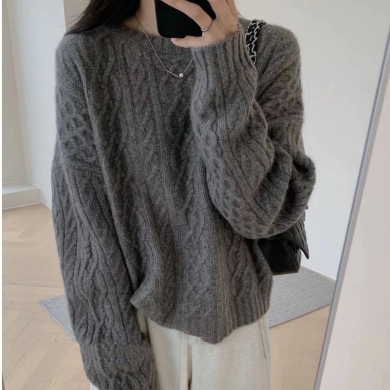 Damen Oversize Zopfmuster‑Pullover mit Rundhalsausschnitt und lässiger Schulterpartie Nord Taschen