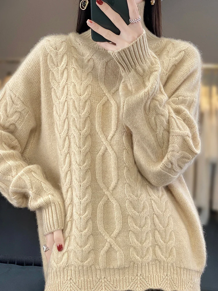 Damen Oversize-Zopfmuster-Pullover mit Mohair-Optik und gerippten Bündchen Nord Taschen