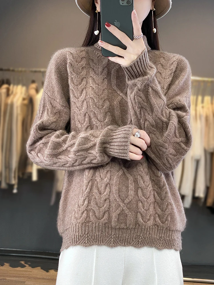 Damen Oversize-Zopfmuster-Pullover mit Mohair-Optik und gerippten Bündchen Nord Taschen