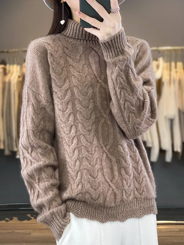 Damen Oversize-Zopfmuster-Pullover mit Mohair-Optik und gerippten Bündchen Nord Taschen
