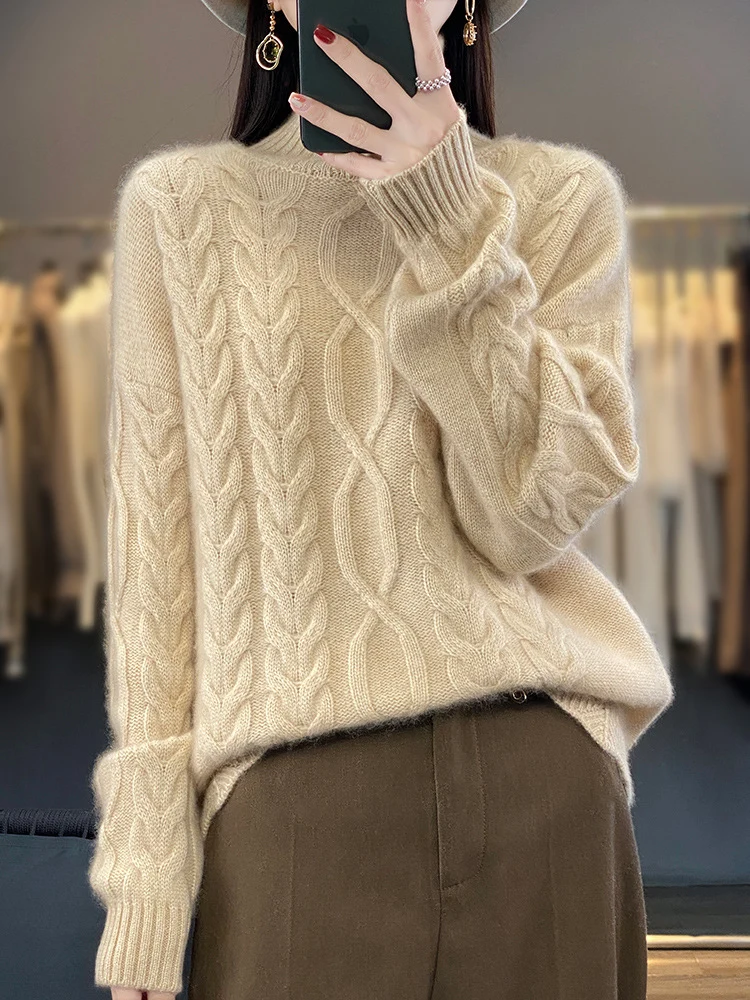 Damen Oversize-Zopfmuster-Pullover mit Mohair-Optik und gerippten Bündchen Nord Taschen