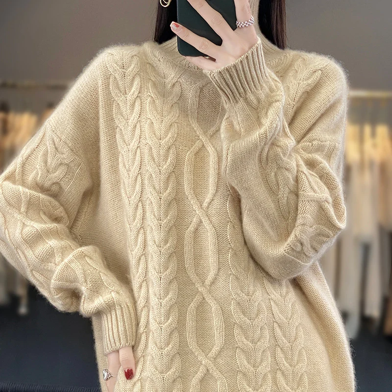 Damen Oversize-Zopfmuster-Pullover mit Mohair-Optik und gerippten Bündchen Nord Taschen
