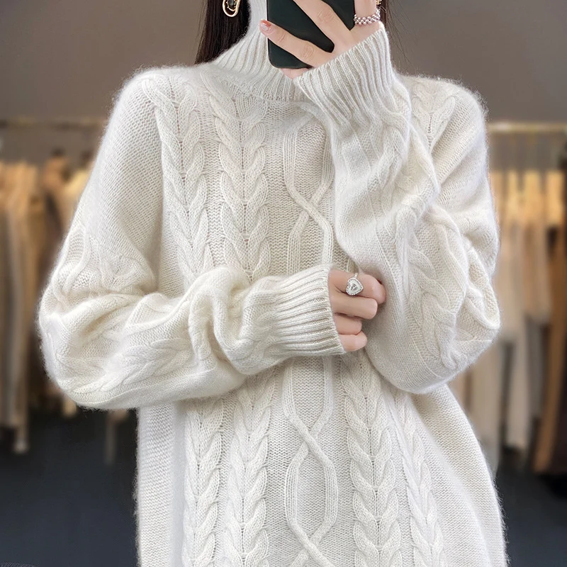 Damen Oversize-Zopfmuster-Pullover mit Mohair-Optik und gerippten Bündchen Nord Taschen