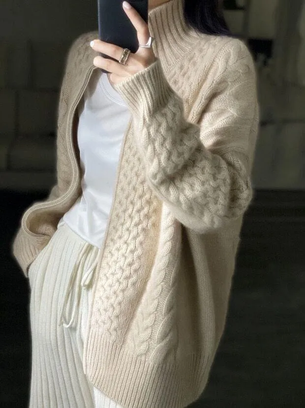 Damen Oversize Zopfmuster-Mockneckpullover aus kuscheligem Mohair‑Look Nord Taschen