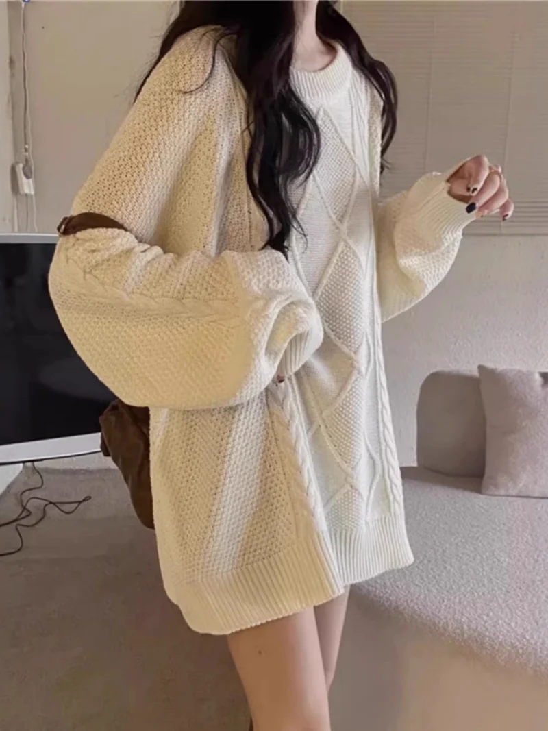 Damen Oversize Zopfmuster-Longpullover mit Rundhals und Ballonärmeln Nord Taschen