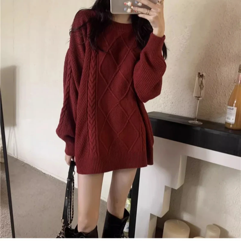 Damen Oversize Zopfmuster-Longpullover mit Rundhals und Ballonärmeln Nord Taschen