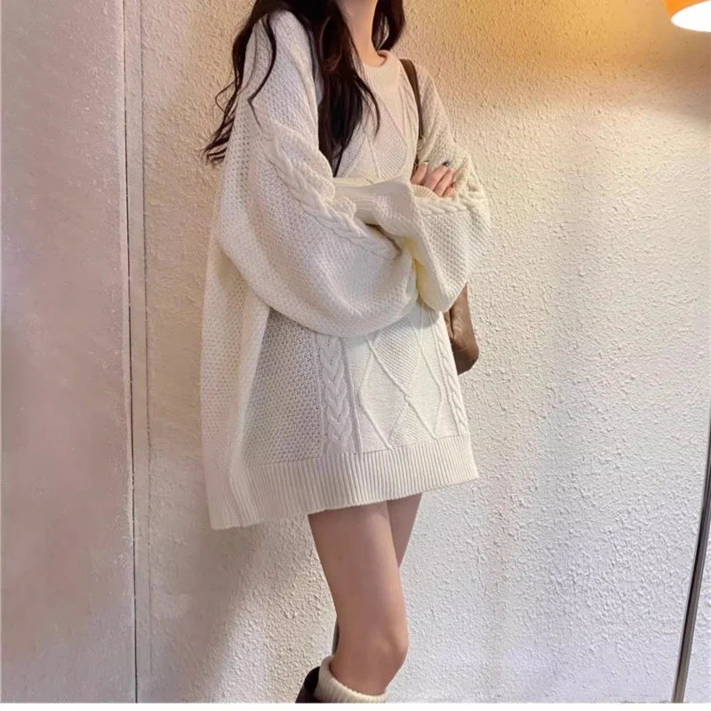 Damen Oversize Zopfmuster-Longpullover mit Rundhals und Ballonärmeln Nord Taschen