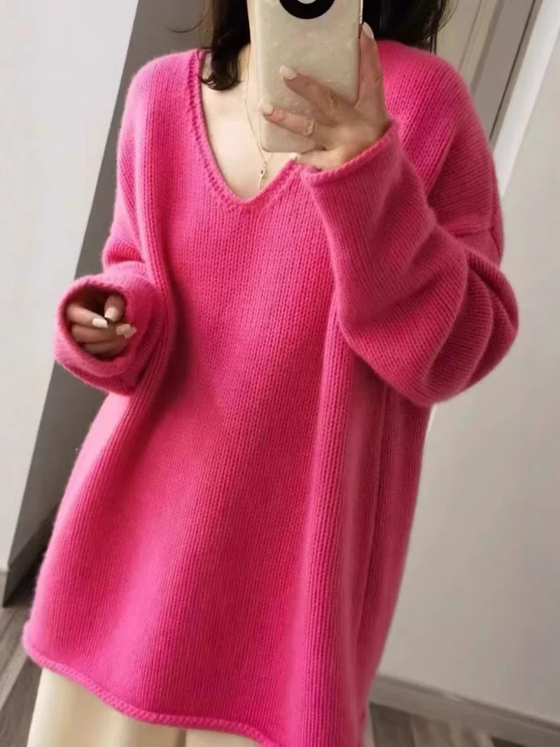Damen Oversize V‑Ausschnitt Pullover im Mohair‑Look mit überschnittener Schulter und gerundetem Saum Nord Taschen
