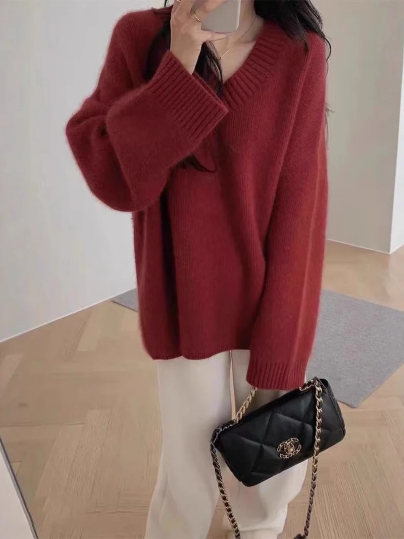 Damen Oversize V-Ausschnitt-Pullover im Mohair‑Look Nord Taschen