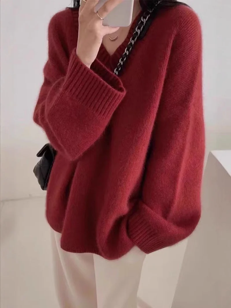 Damen Oversize V-Ausschnitt-Pullover im Mohair‑Look Nord Taschen
