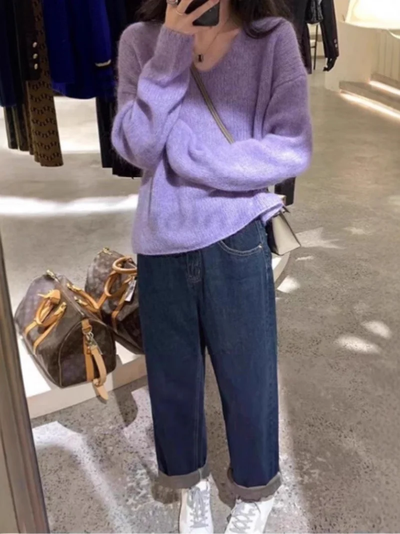 Damen Oversize V‑Ausschnitt Mohair‑Look Pullover mit Angora‑Optik und überschnittener Schulter Nord Taschen