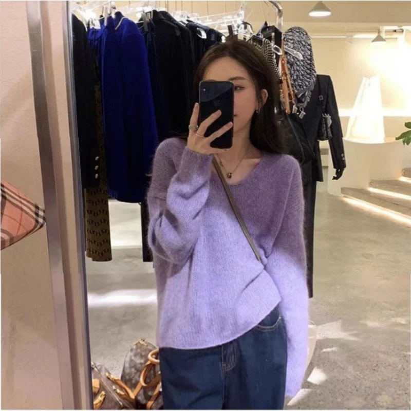 Damen Oversize V‑Ausschnitt Mohair‑Look Pullover mit Angora‑Optik und überschnittener Schulter Nord Taschen