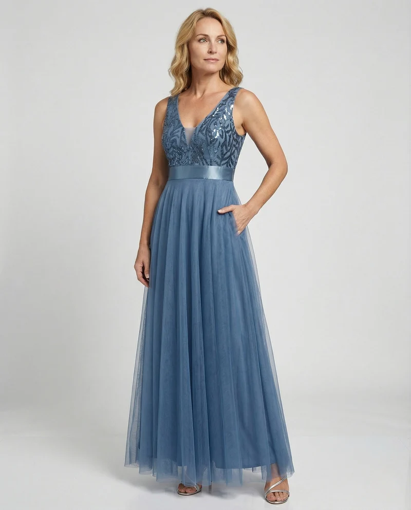 Nord Taschen Damen Abendkleid lang – A-Linie aus Tüll mit besticktem Oberteil und Satin-Taillenband