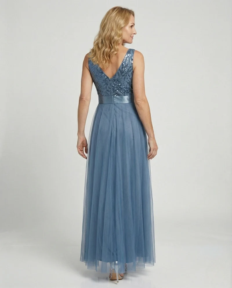 Nord Taschen Damen Abendkleid lang – A-Linie aus Tüll mit besticktem Oberteil und Satin-Taillenband