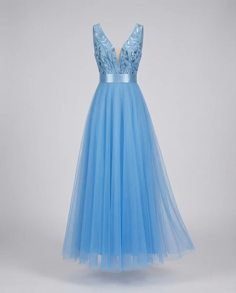 Nord Taschen Damen Abendkleid lang – A-Linie aus Tüll mit besticktem Oberteil und Satin-Taillenband