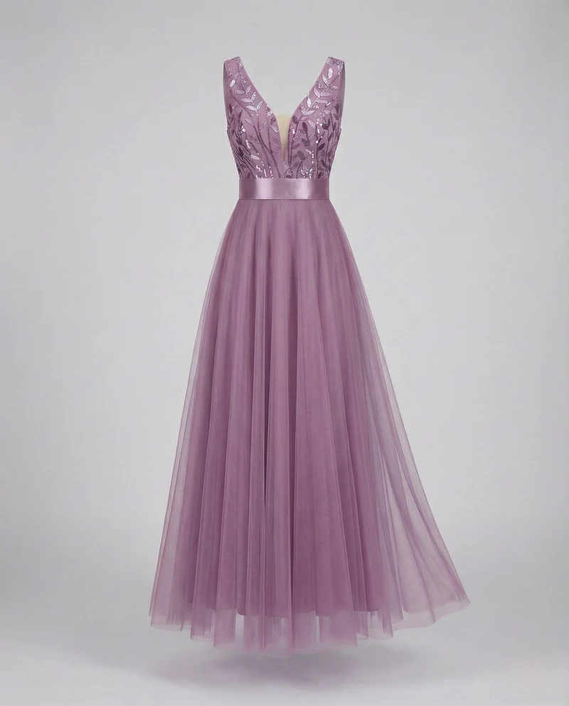 Nord Taschen Damen Abendkleid lang – A-Linie aus Tüll mit besticktem Oberteil und Satin-Taillenband
