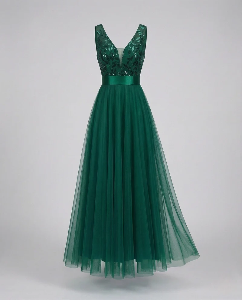 Nord Taschen Damen Abendkleid lang – A-Linie aus Tüll mit besticktem Oberteil und Satin-Taillenband