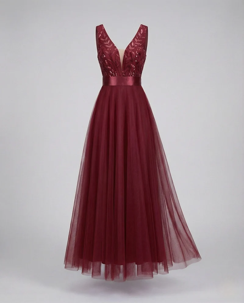 Nord Taschen Damen Abendkleid lang – A-Linie aus Tüll mit besticktem Oberteil und Satin-Taillenband