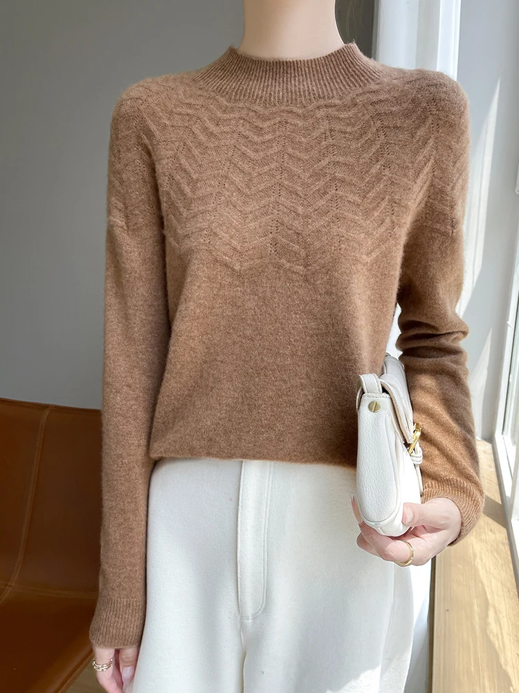 Damen Weicher Feinstrick-Mockneckpullover mit Chevron-Ajour und Kaschmirlook Nord Taschen
