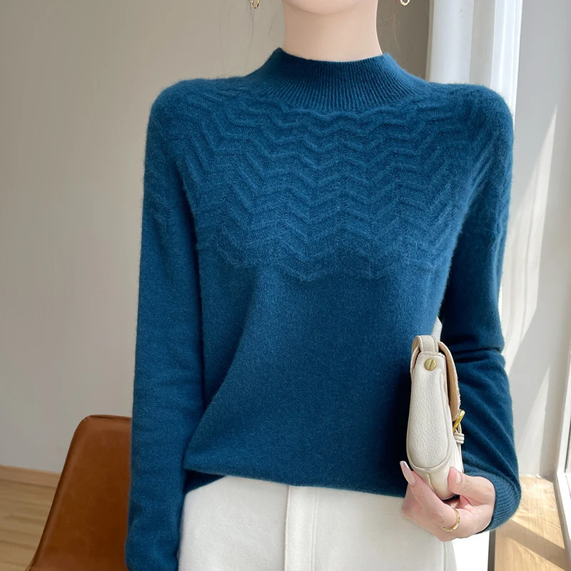 Damen Weicher Feinstrick-Mockneckpullover mit Chevron-Ajour und Kaschmirlook Nord Taschen