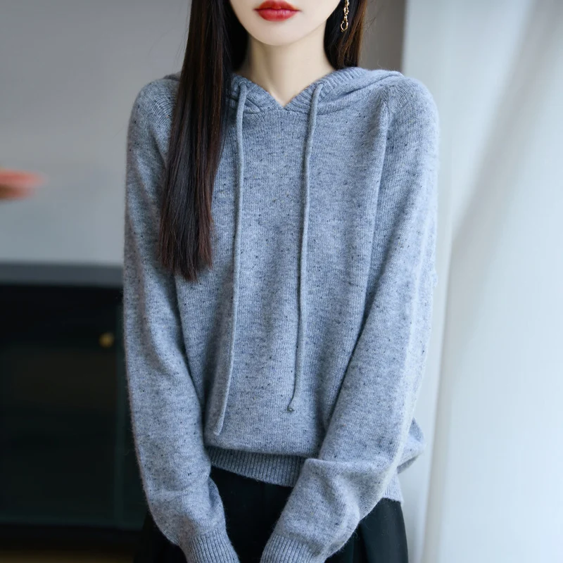 Damen Weicher Feinstrick-Kapuzenpullover mit Nep‑Garn und gerippten Bündchen Nord Taschen