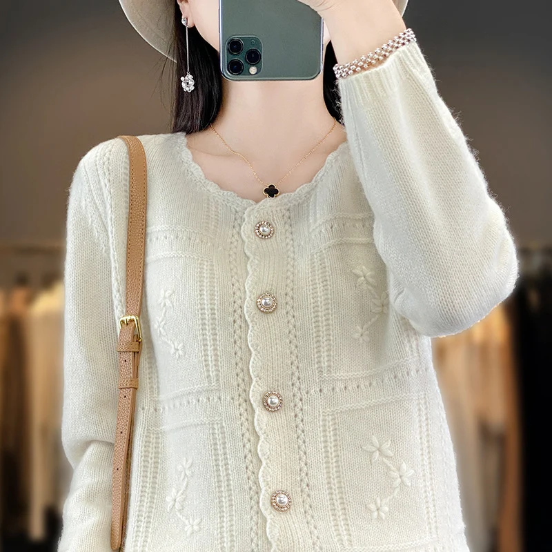 Damen Verzierter Strickcardigan mit Perlenknöpfen und Ajour‑Stickerei Nord Taschen