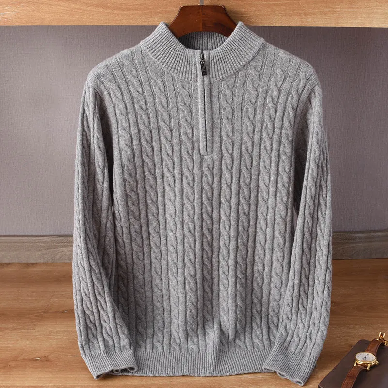 Herren Zopfmuster-Halbzip-Pullover aus weichem Wollmix mit Stehkragen Nord Taschen