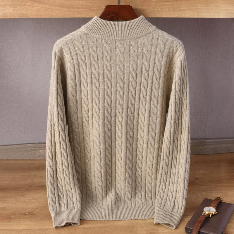 Herren Zopfmuster-Halbzip-Pullover aus weichem Wollmix mit Stehkragen Nord Taschen