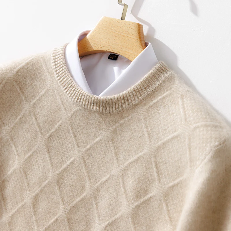Herren Strukturierter Rauten‑Strickpullover mit Rundhalsausschnitt und kaschmirähnlicher Weichheit Nord Taschen