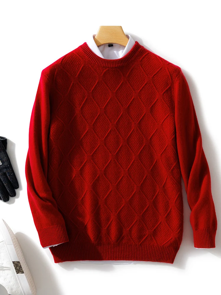 Herren Strukturierter Rauten‑Strickpullover mit Rundhalsausschnitt und kaschmirähnlicher Weichheit Nord Taschen