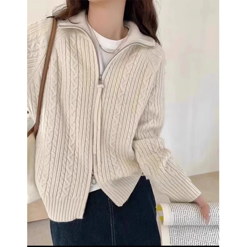 Damen Kastiger Zopfstrick‑Cardigan mit Zweiwege‑Reißverschluss, Stehkragen und breitem Rippsaum Nord Taschen