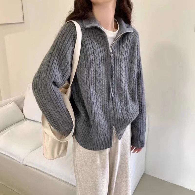 Damen Kastiger Zopfstrick‑Cardigan mit Zweiwege‑Reißverschluss, Stehkragen und breitem Rippsaum Nord Taschen